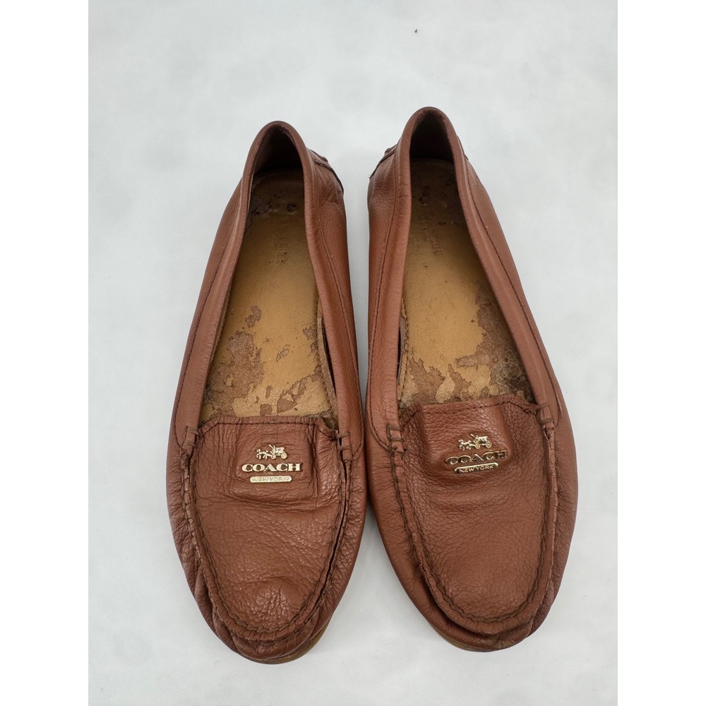 Coach Opal Leather Loafers Brown Pebbled Driving Mocs Gold Logo A7764 Womens 7B